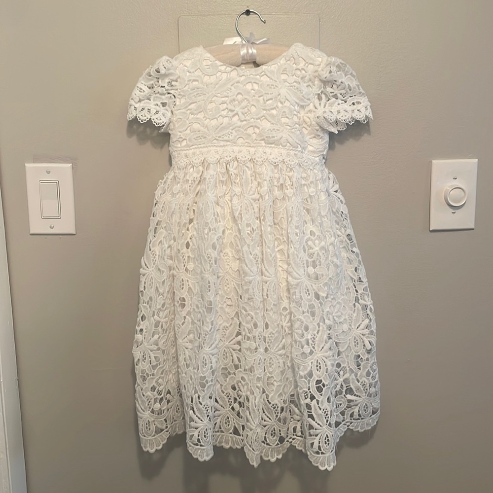 White crocheted lace baby girl baptismal gown and bonnet